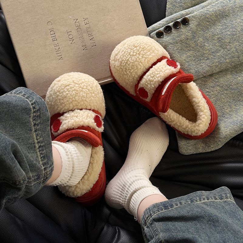 Button Warm Snow Boots for Women, Slippers for Outer Wear, Fleece-Lined Cotton Shoes, Winter Non-Slip Thick Soles, Two Pairs of Design Cotton Plush for Men