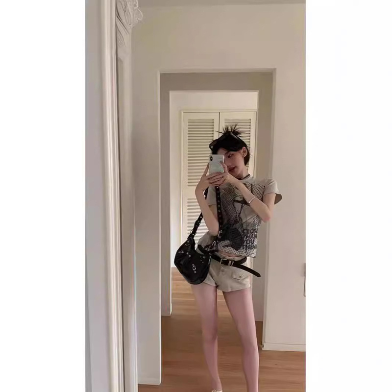 American-style Retro Niche Rock Print Short-sleeved T-shirt Women's Summer Cotton Crewneck Shoulder Short Spice Girl Top for Women