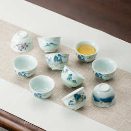 青瓷功夫茶具陶瓷单杯山水图茶杯主人杯品茗杯泡茶杯茶盏厂家批发