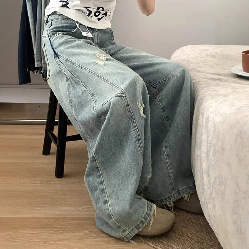 Washed Light Blue Ripped Scythe Jeans with a Draping Feel, American Retro Wide-Leg Work Pants, Scythe-Style Floor-Length Pants