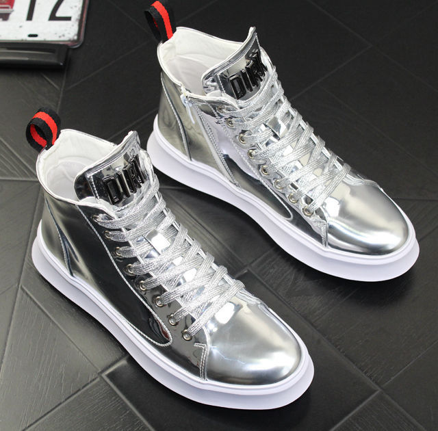 Vier Jahreszeiten Trendige Schuhe Lackleder Helle Lederschuhe Jungen High-Top-Freizeitschuhe 2023 Neu Fluoreszierendes Grün Gold und Silber Weiß_voghion.com