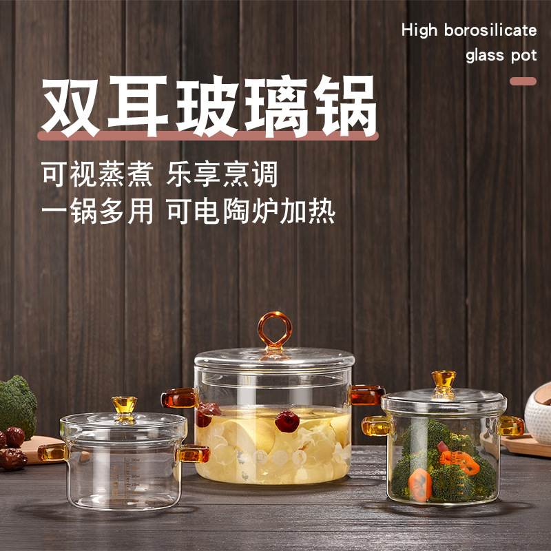 雙耳湯鍋高硼硅玻璃鍋燕窩盅家用養生燉鍋透明燉煮鍋可電陶爐湯煲