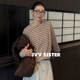 JVV十三行2026秋季新款美式复古条纹宽松上衣休闲长袖T恤女01231