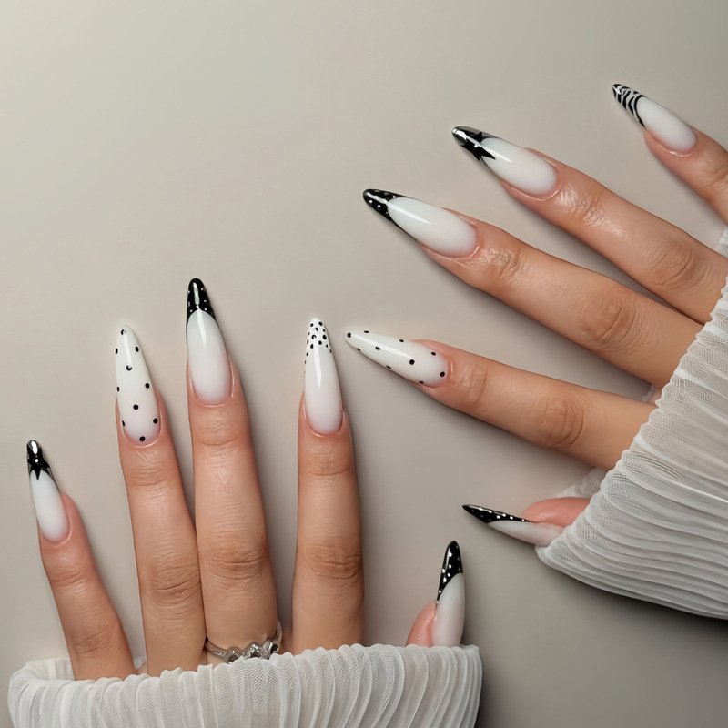 Foreign Trade Hot-Selling Black French-Style Polka Dot Stripe Star Pointed Nails White Fake Nails 24 Pieces Finished Wearable Nail Tips Foreign Trade Hot-Selling Black French-Style Polka Dot Stripe Star Pointed Nails White Fake Nails 24 Pieces Finished Wearable Nail Tips