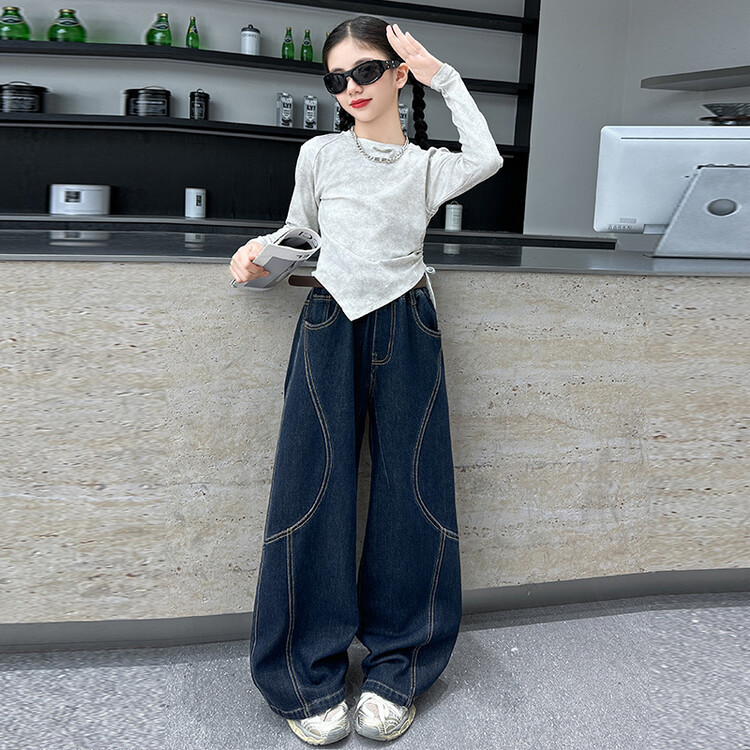 24165 Jeans White Gray Top Rabbit Fur Spring And Autumn New Children's Miscellaneous European And American Jeans_voghion.com