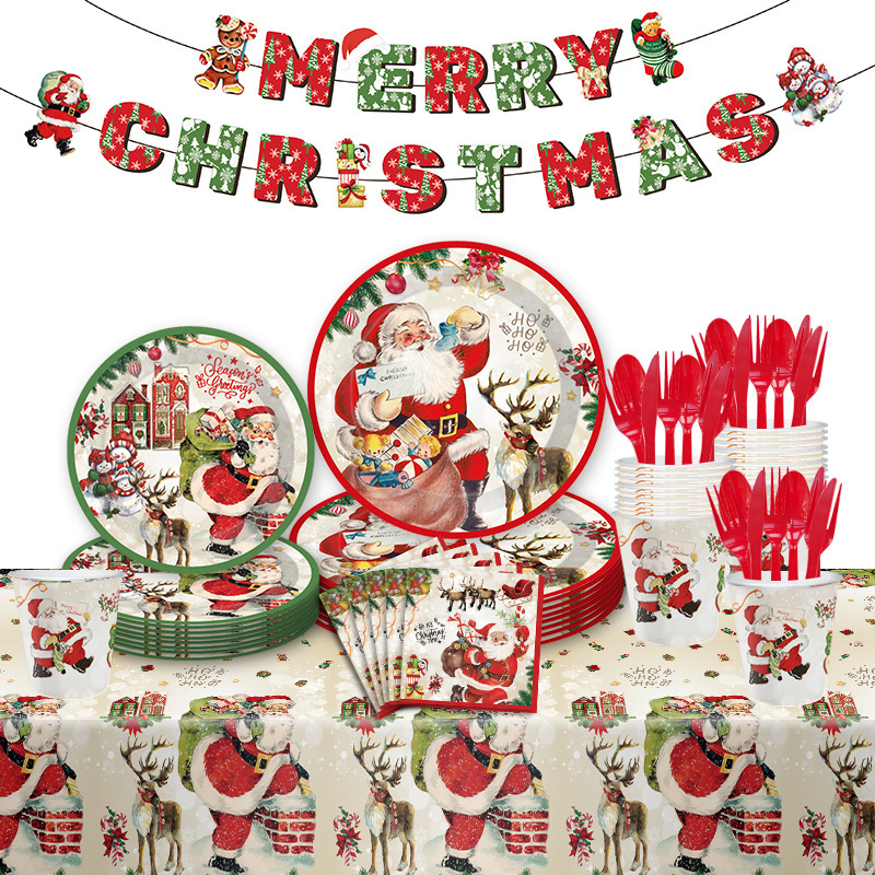 Cross Border Christmas New Year Party Decoration Santa Claus Party suit Disposable Paper Tray Tissue Paper Cup Pull Flag