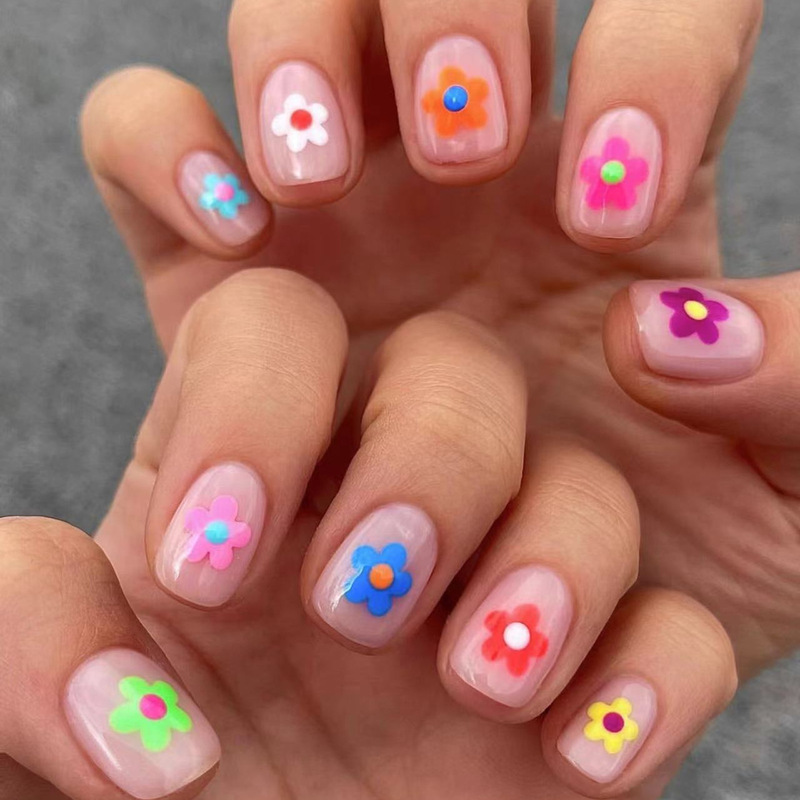 Spring and summer short color jumping flower design wear manicure fake nail patch cross-border elegant style finished nail piece