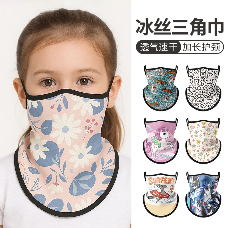 Cross-Border Cycling Face Mask, Cold-Proof Ear-Hanging Neck Warmer with Fleece, Anime Print, High Elasticity, Children's Triangular Scarf