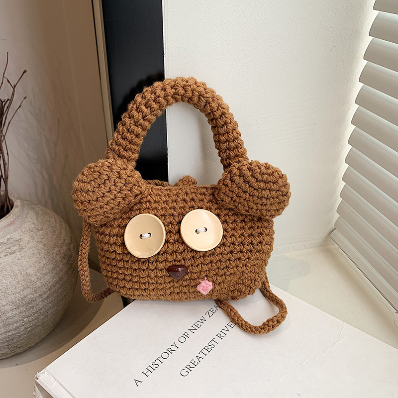 Handmade Woven Bag Bear Cartoon Cute Handbag Women's Wool Crocheted Finished Shoulder Crossbody Bag Mobile Phone Bag