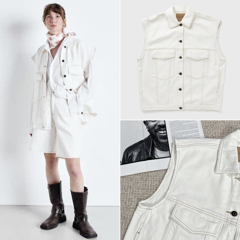 HOUSE25 Xia Xin Ming Line Sewing Craft White Cotton Washed Loose Denim Sleeveless Jacket Women's Vest