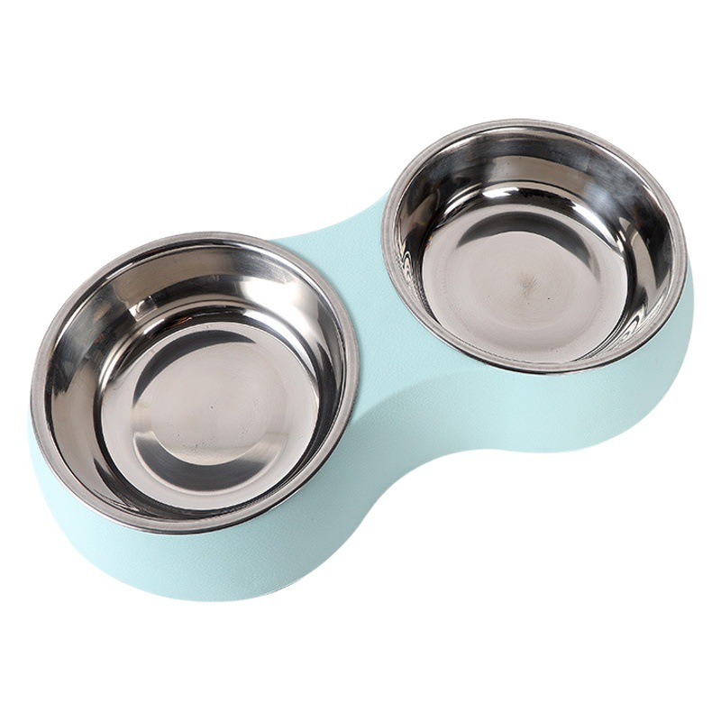 Fabricante en stock cuero Taobao macaron color piel de vaca textura PET doble tazón ins estilo oval simple PET Bowl