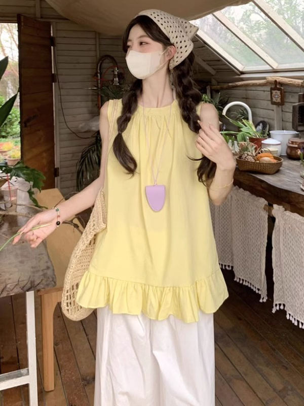 多巴胺黄色法式小资小上衣女夏无袖背心衬衫设计感独特漂亮娃娃衫|undefined