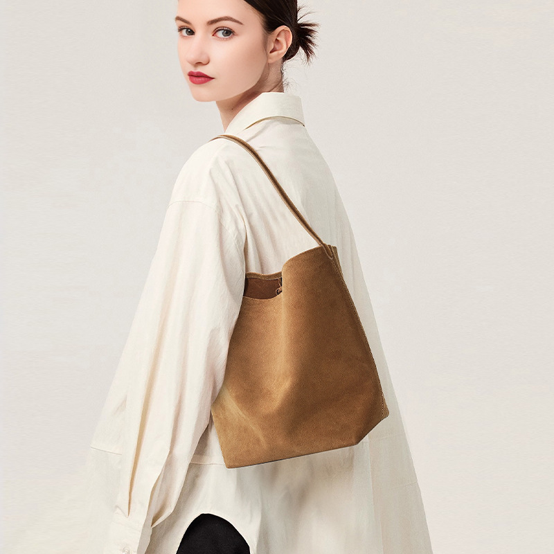 Retro Suede High-End Commuter Bucket Bag, Matte Cowhide Large Capacity Handbag Shoulder Tote Bag - Thumbnail 3