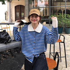 小香风条纹polo领长袖毛衣针织衫女早秋季慵懒松弛感穿搭外套上衣