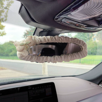 Sürətlər qutusu və əl tormozu başlıqları, Mirror Decorative Cover for Women - puff-rearview-mirror-cover-off-white-fabric-bow