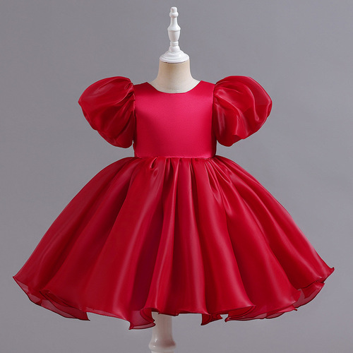 Girls' dress, evening dress, puff sleeves, short satin tutu skirt, back slit with bow, advanced