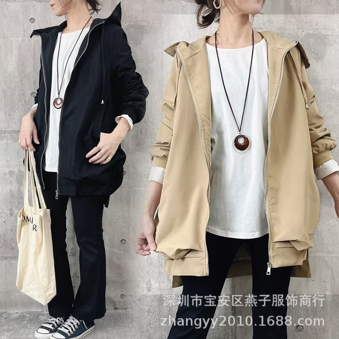 2023 Spring and Autumn New Korean style loose casual simple hooded trench coat mid-length jacket zipper cardigan for women