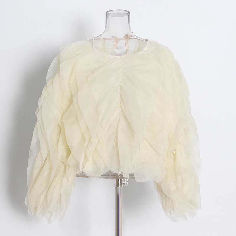 K Elegant Temperament Short Solid Color Top New High-end Round Neck Multi-layer Ruffle Edge Splicing Shirt_voghion.com