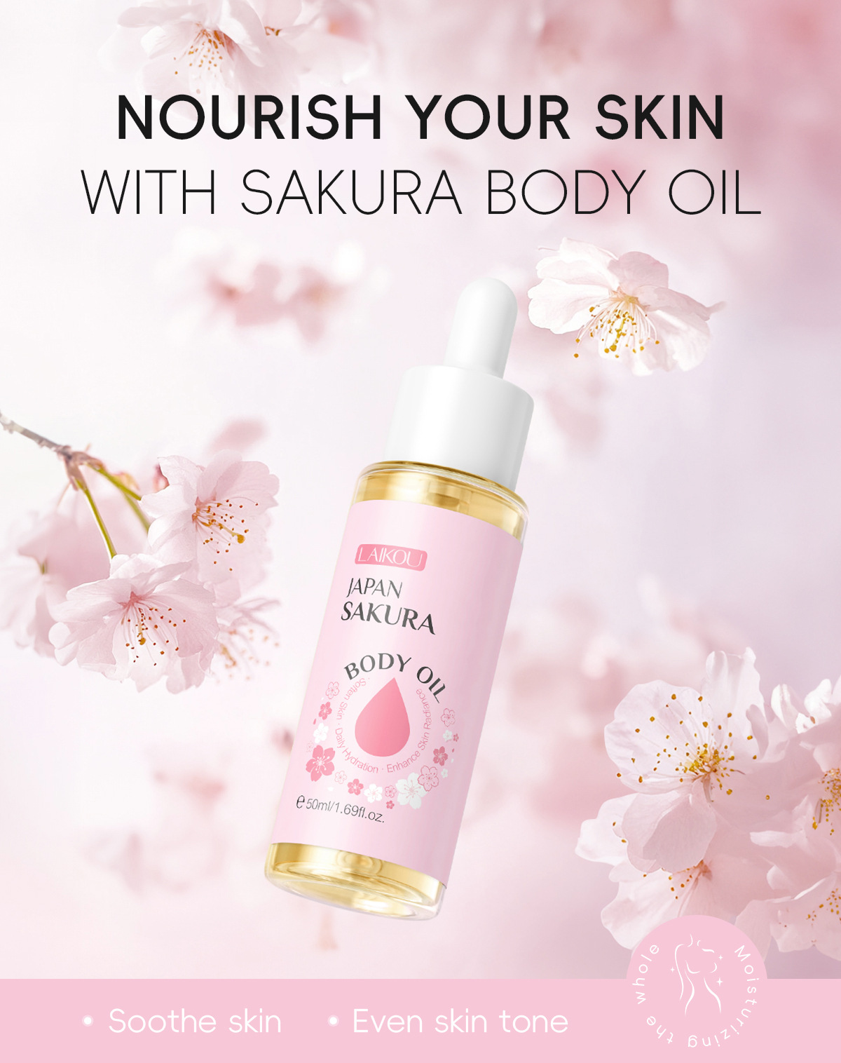 Cross-border Laikou Cherry Blossom Body Essential Oil 50g Moisturizing Essential Oil Hydrating and hydrating Manufacturer in stock, one-piece consignment, English undefined