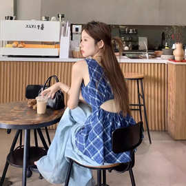 复古蓝色格子露腰吊带背心女夏季甜辣风漂亮别致收腰外穿无袖上衣