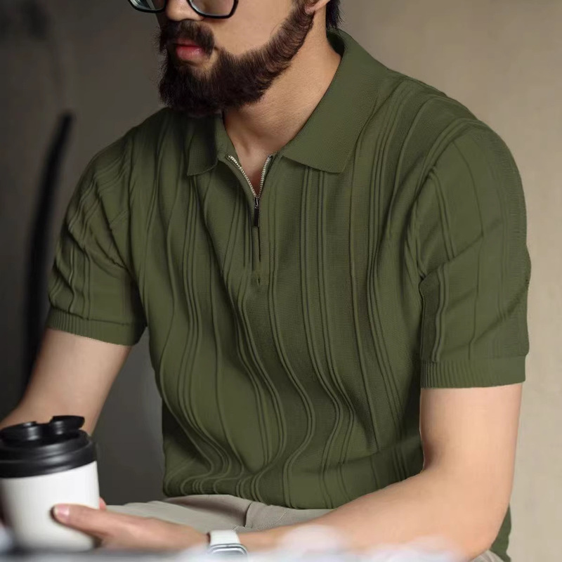 Summer New American-Style Short-Sleeved Knitted Men's Polo Shirt Business Knitted Half-Zip T-Shirt Foreign Trade Cross-Border Wholesale