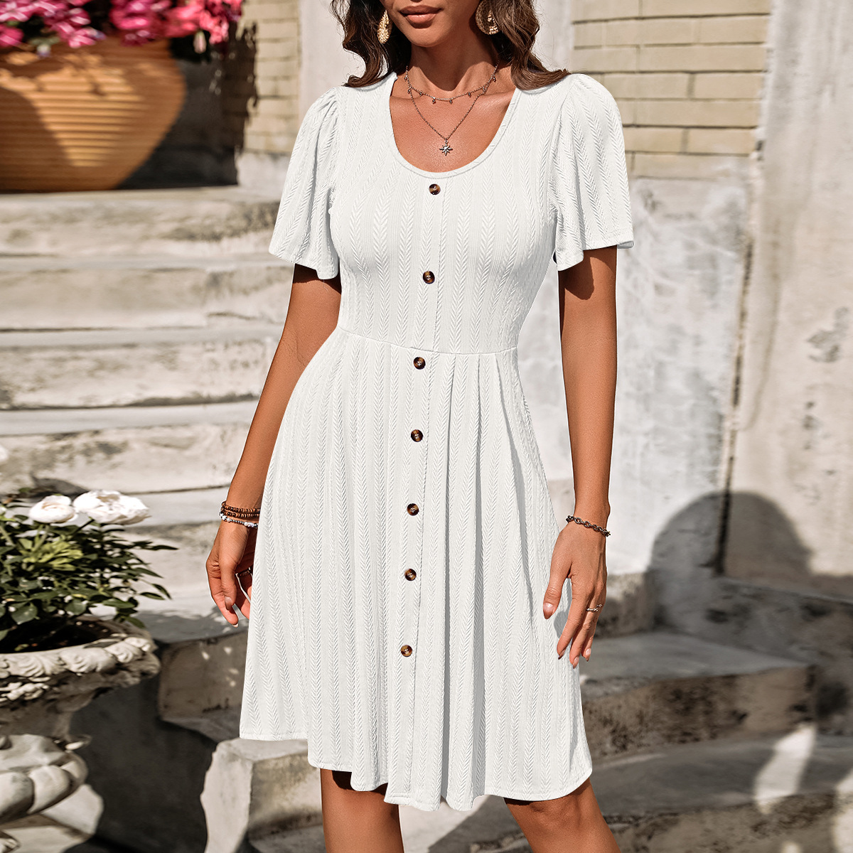 Women's Regular Dress Simple Style U Neck Button Short Sleeve Solid Color Midi Dress Holiday Daily display picture 3