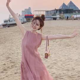 夏法式仙女连衣裙无袖甜美小众粉色a字公主裙网纱小个子度假风裙