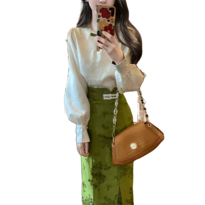 新中式气质国风两件套女装2025春秋新款时尚衬衫提花半裙禅意套装|undefined
