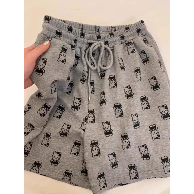Plus Size 150kg Korean Cartoon Kitty Cat Print Sports Shorts for Women Summer Loose Slimming Look Casual Pants