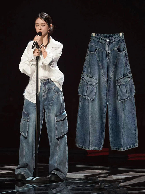现货王心夌薛凯其同款美式复古多口袋工装牛仔裤女宽松直筒阔腿裤|undefined