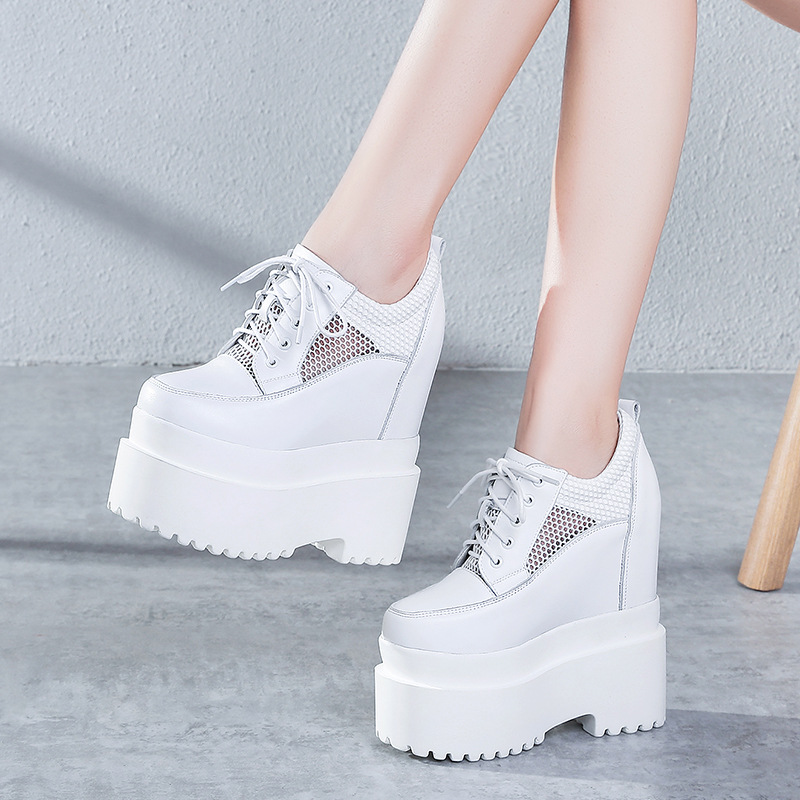 Giày sneaker nữ đế dày tăng chiều cao 16 cm, dây buộc, lưới thoáng khí — màu đen