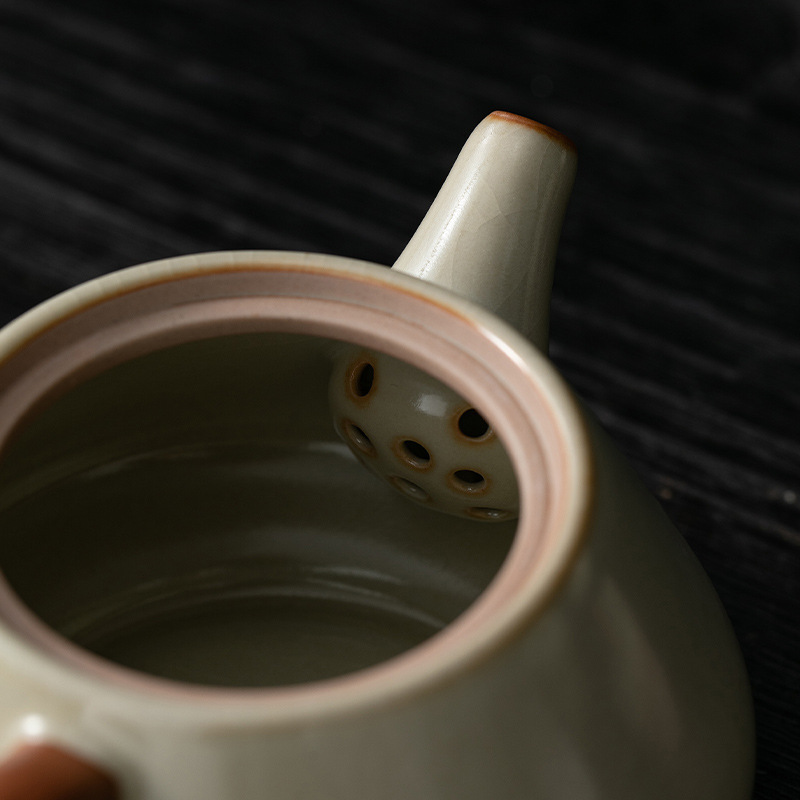 米黄汝窯急須シングル家庭用陶磁器の小型石瓢箪壺の開片は汝磁器の工夫茶器を養うことができます。|undefined