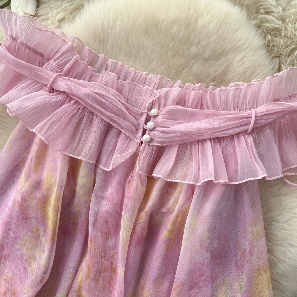 Pink Ruffled Cake Dress French Style Resort Sleeveless Off-Shoulder A-Line Women's Unique And Absolutely Stunning Dress_ecoleips.com