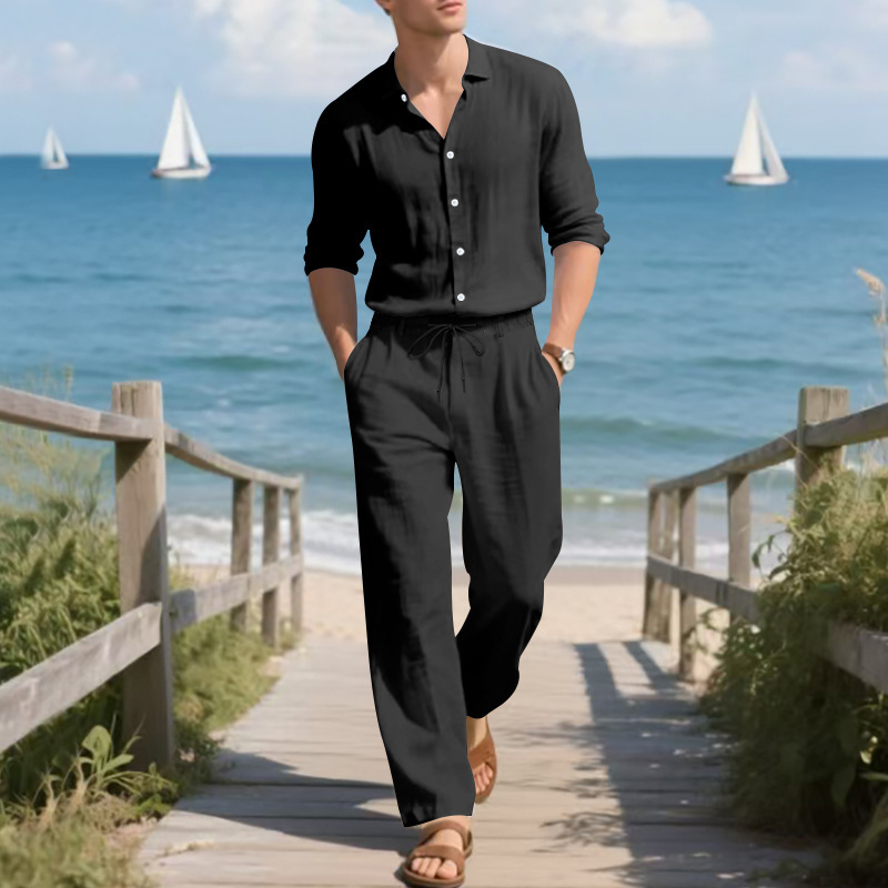 Herren Anzug Aus Leinen Mit Langarmhemd Und Hose Für Den Herbst_voghion.com