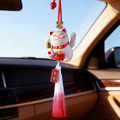 Car Solar-Powered Lucky Cat Ornament, Moving Car Hanging Decoration, Cute Rearview Mirror Pendant, Safety Protection Gift, Creative (Car hanging) - lucky-cat-peace-tassel-edition