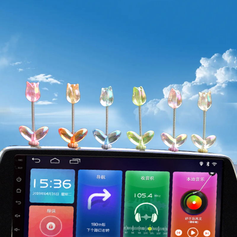 Tendencias nuevos productos adornos para automóviles tulipanes transparentes sacudiendo la cabeza flores adornos pequeños decoración de automóviles Douyin Internet rojo