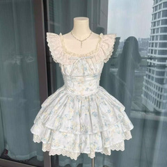 法式甜美碎花小飞袖连衣裙夏季新款千金感收腰纯欲风公主蓬蓬裙