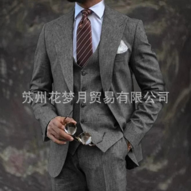 Amazon Men's Suit Linen Three-Piece Wedding Party Banquet Beach Dress Men's Suit Dinner Dress