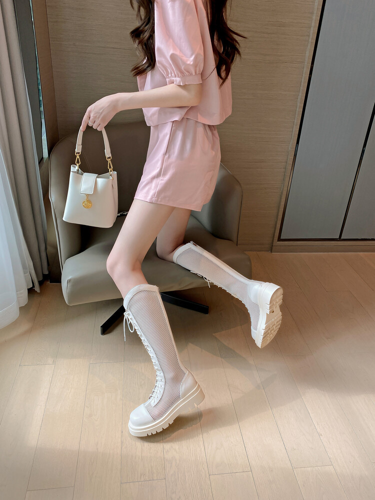 Boot lưới da thật cổ cao đế dày thoáng khí mùa xuân hè phong cách kỵ sĩ buộc dây — Màu nâu ống lớn, Màu đen cổ ống lớn, Ống nhỏ màu đen, Ống nhỏ màu be chi tiết 15
