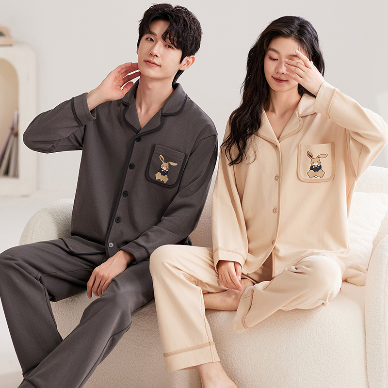 Spring and Autumn Couple Pajamas 6535 Long Sleeve Cotton Women's Cute Home Clothes 2024 New Autumn and Winter Men's suit