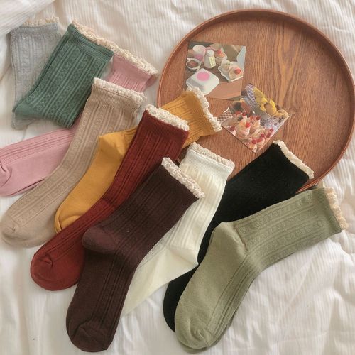 Solid color lace twist socks women's mid-calf socks ins trendy cotton socks spring and autumn jk Japanese cute autumn and winter girls' growth socks
