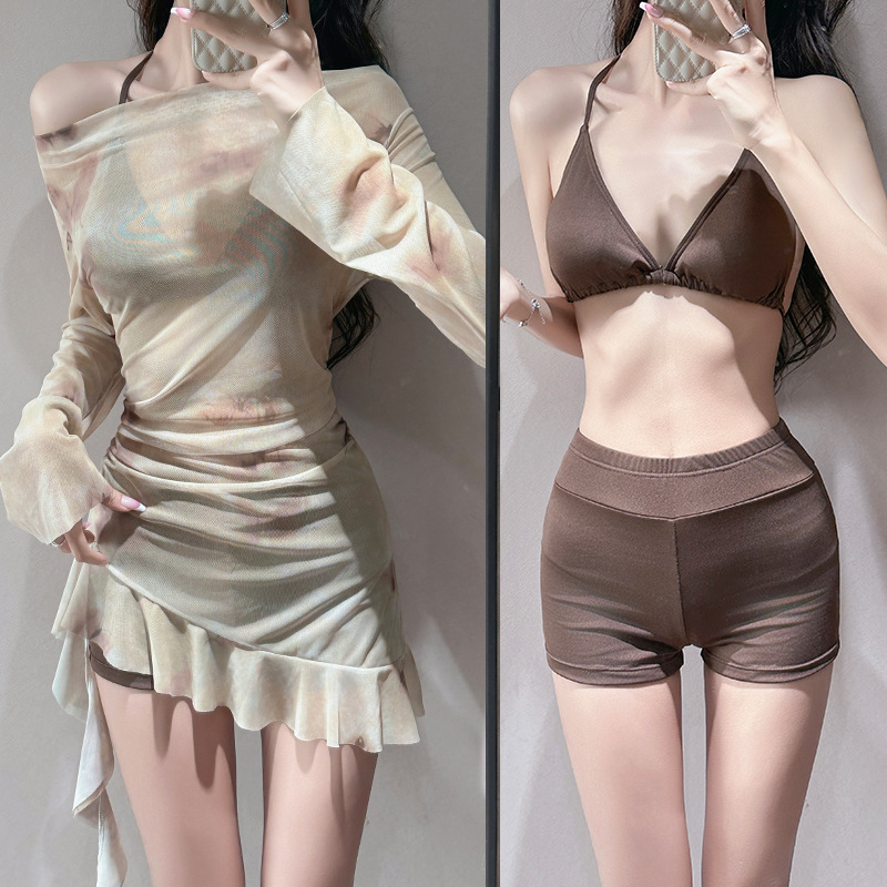 Women's Retro Three Piece Swimsuit Set Long Sleeved Bikini Slimming Flattering Irregular Skirt Style For Hot Springs_ecoleips.com