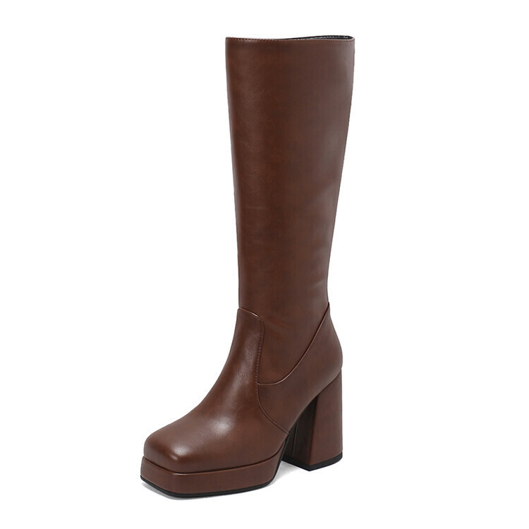 Simple square thigh-high boots waterproof platform thick heels high heels side zipper boots for women_voghion.com