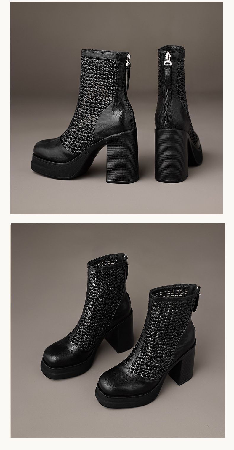 Boot lưới nữ da thật cổ thấp gót vuông 9 cm đi hè — màu đen, màu trắng ngà chi tiết 13