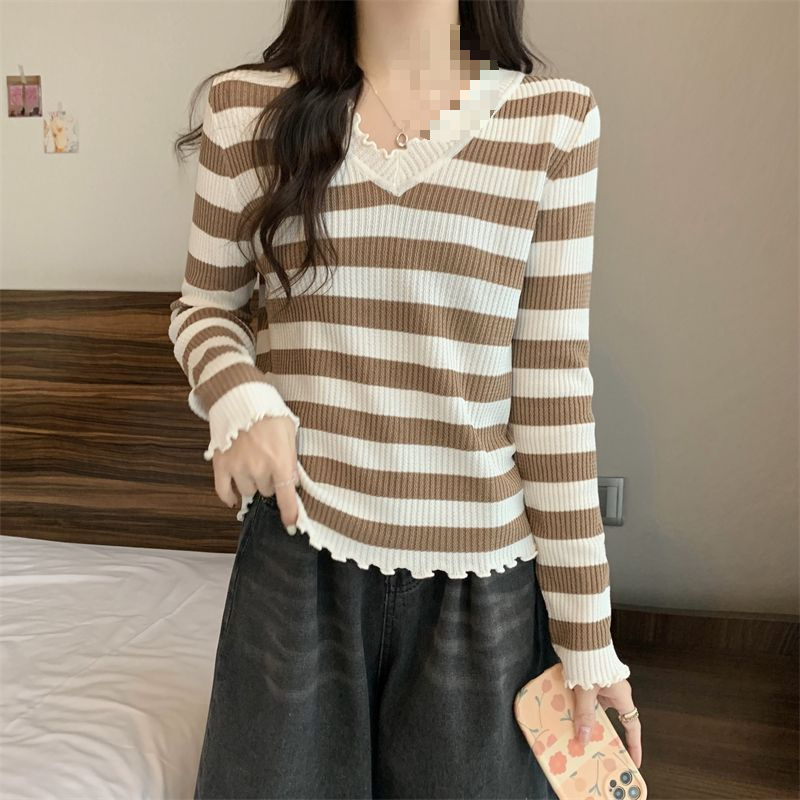 300斤大码女装条纹v领边长袖上衣2025秋季胖mm显瘦遮肚内搭打底衫