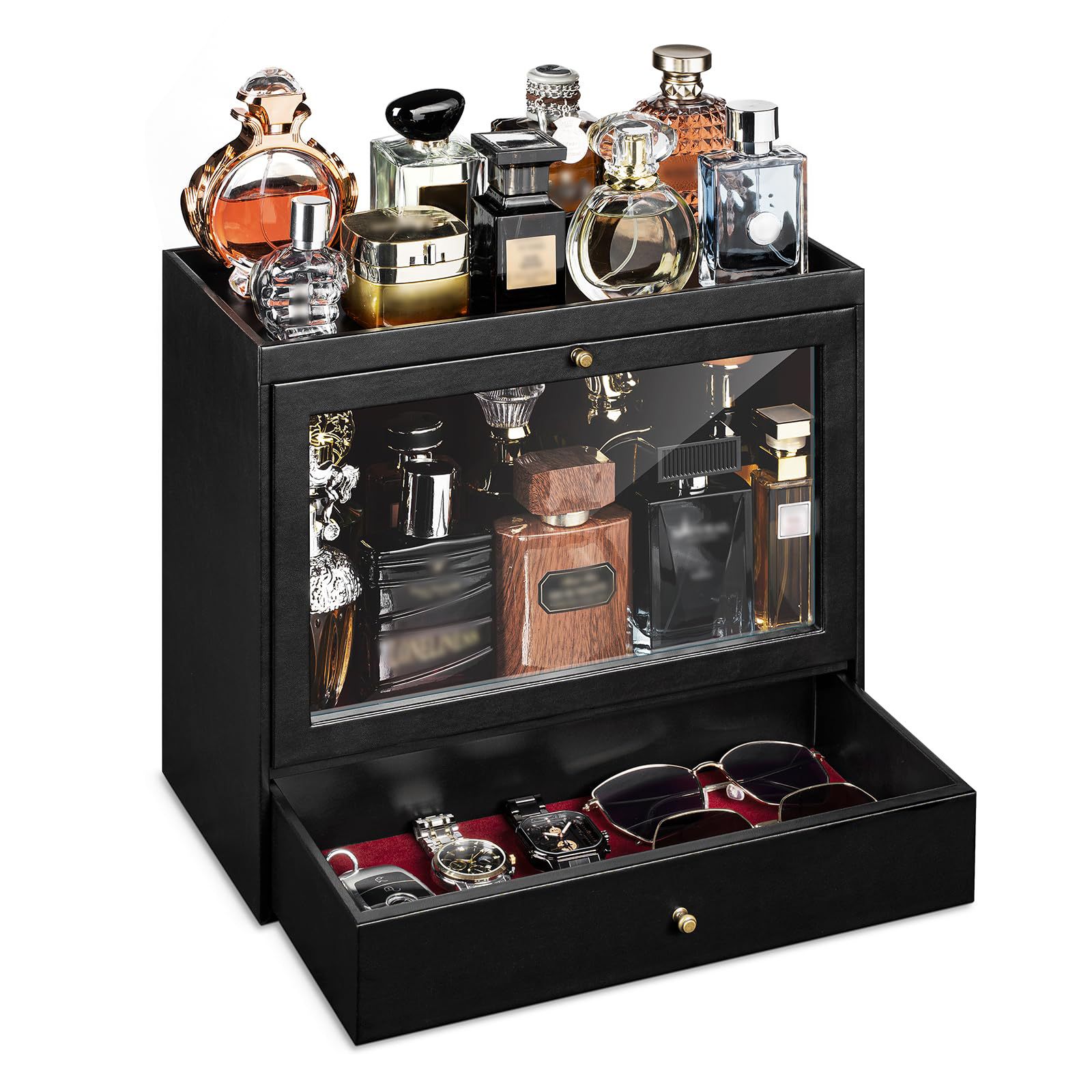 Wooden Perfume Storage Cabinet with Drawer Jewelry Watch Storage Box Glass Door Perfume Display Cabinet Desktop Storage Box