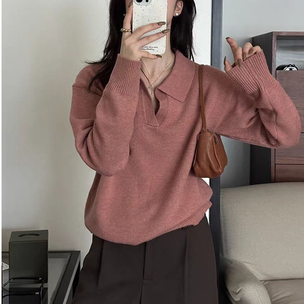 软糯polo翻领毛衣女内搭秋冬复古港味慵懒风上衣休闲针织打底衫女|undefined