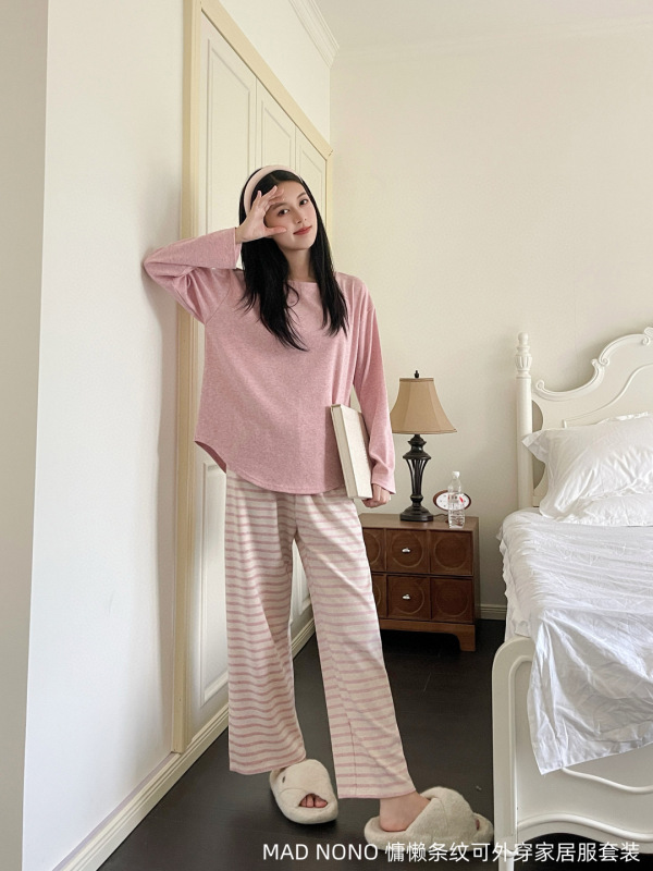 MADNONO慵懒条纹可外穿家居服套装女士宽松休闲舒适长袖长裤睡衣|undefined