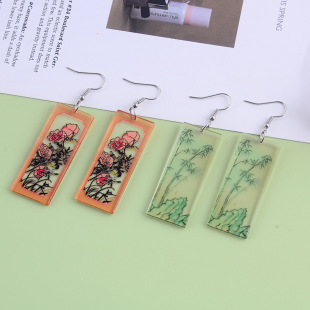 Cross-border retro new Chinese style literary bamboo green bamboo peony flower earrings ancient style creative plant pattern acrylic earrings