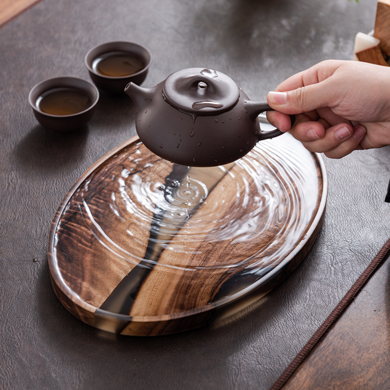 Bandeja de té seco de nogal hogar Bandeja de juego de té de resina ovalada japonesa Bandeja de madera maciza de tamaño pequeño Té Bandeja de té de mar